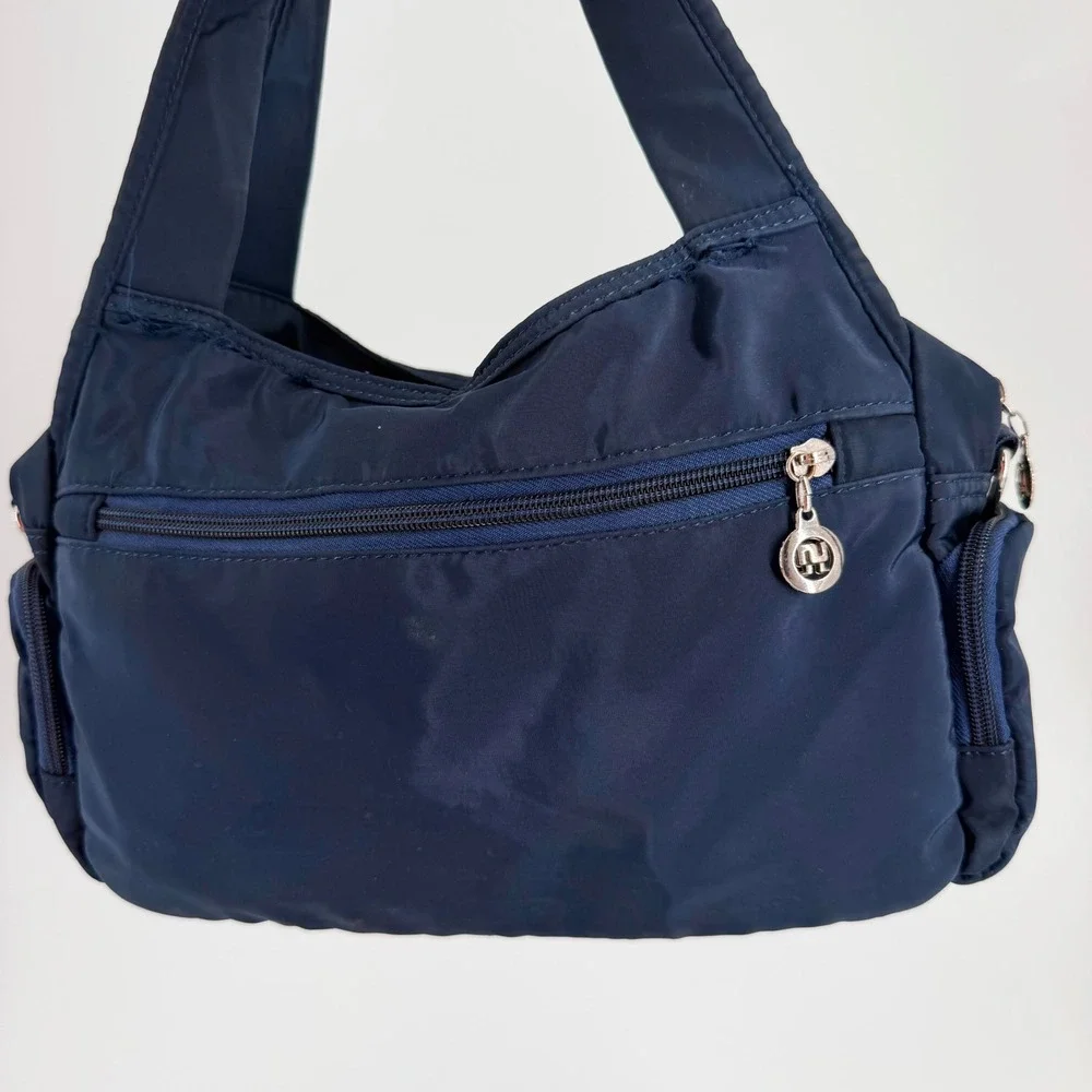 Jielshi Light Life Navy Blue Nylon Multi Pocket Shoulder Handbag Satchel